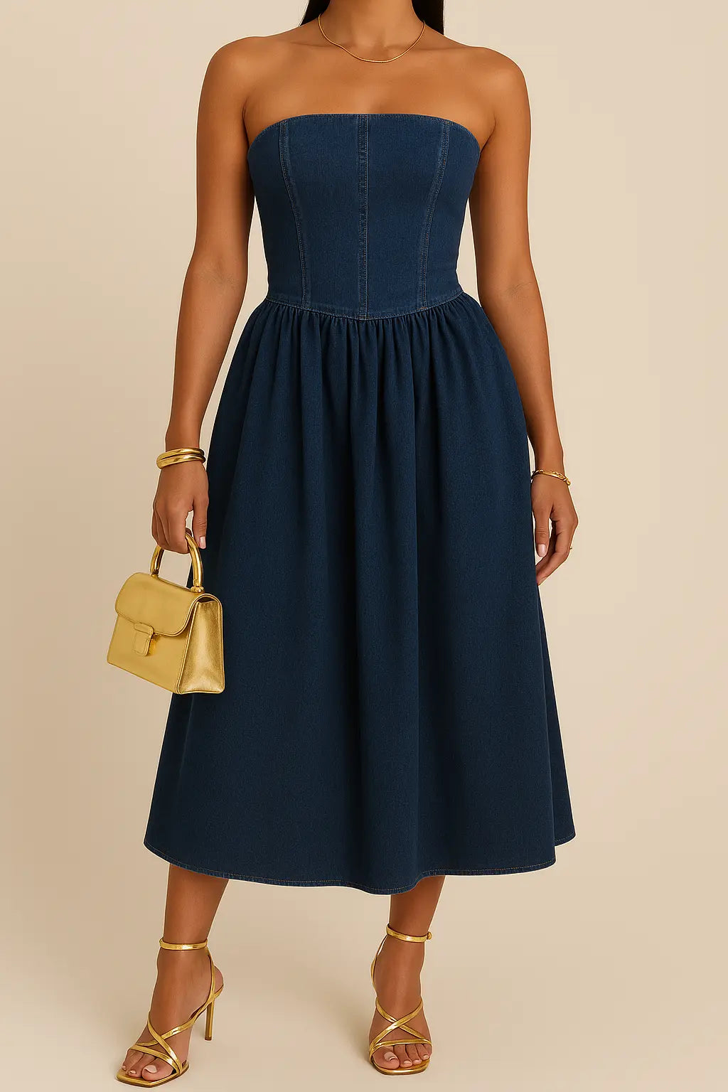 Serafina Pleated Waist Strapless Maxi Dress in Denim